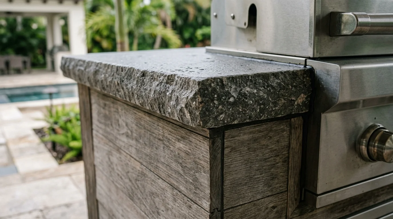 Close-up of porcelain outdoor kitchen countertop with built-in grill and stainless steel drawers in Palm Beach County backyard