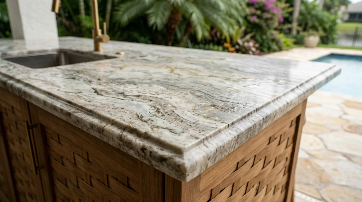 Close-up of porcelain outdoor kitchen countertop in Palm Beach County with natural stone look and waterproof grout joints