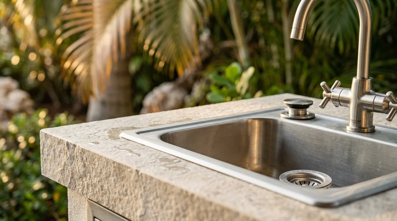 Close-up of outdoor kitchen porcelain countertop with built-in stainless sink and brushed hardware, tropical landscaping in soft focus background