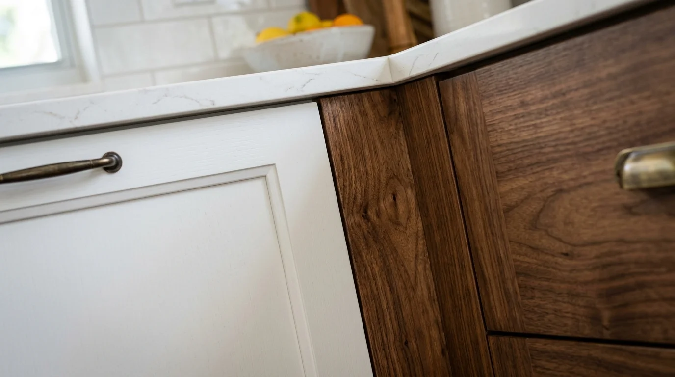 Close-up detail of kitchen cabinet door showing wood grain stain finish with high-quality polyurethane coating for Florida humidity protection
