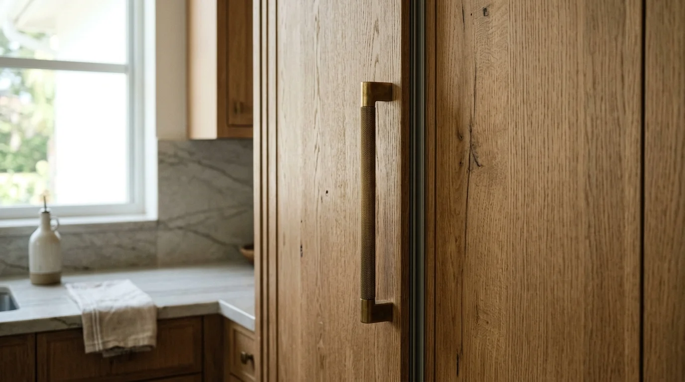 Close-up of panel ready refrigerator door showing seamless integration with surrounding cabinet panels and matching hardware