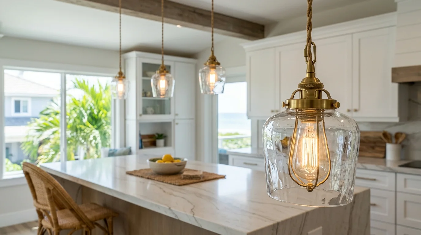 Close-up of three glass pendant lights hanging at proper height over kitchen island showing correct spacing and scale
