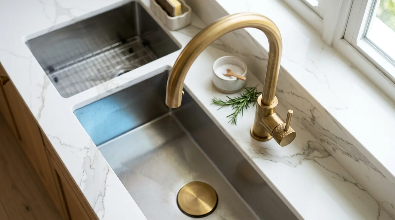 Close-up of a thin-profile porcelain countertop edge with veined stone look in a Boca Raton kitchen