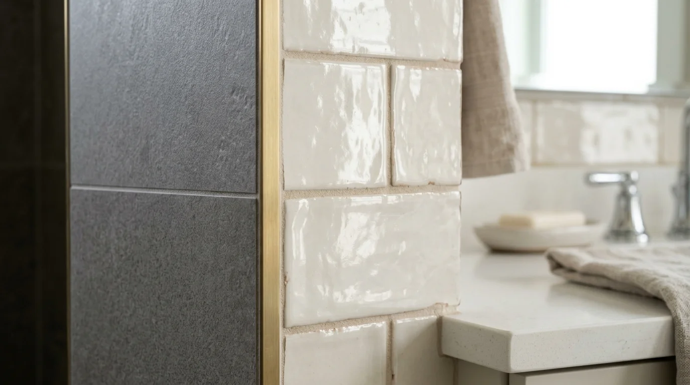 Close-up comparison of porcelain and ceramic tile samples showing surface texture and finish differences for bathroom applications