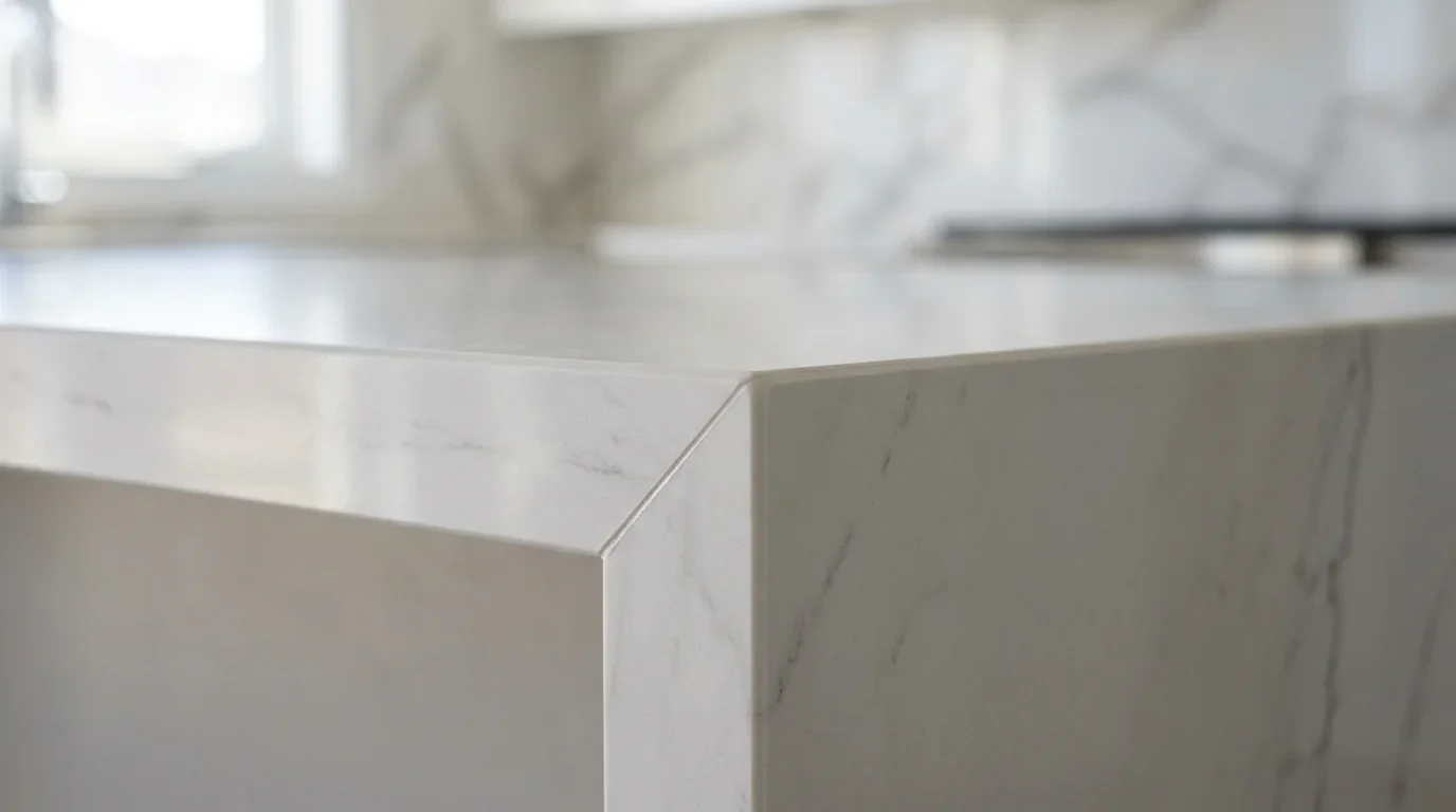 Close-up of a porcelain countertop mitered edge showing the 45-degree joint where two 12mm porcelain slabs meet to create a thick 2-inch visual profile