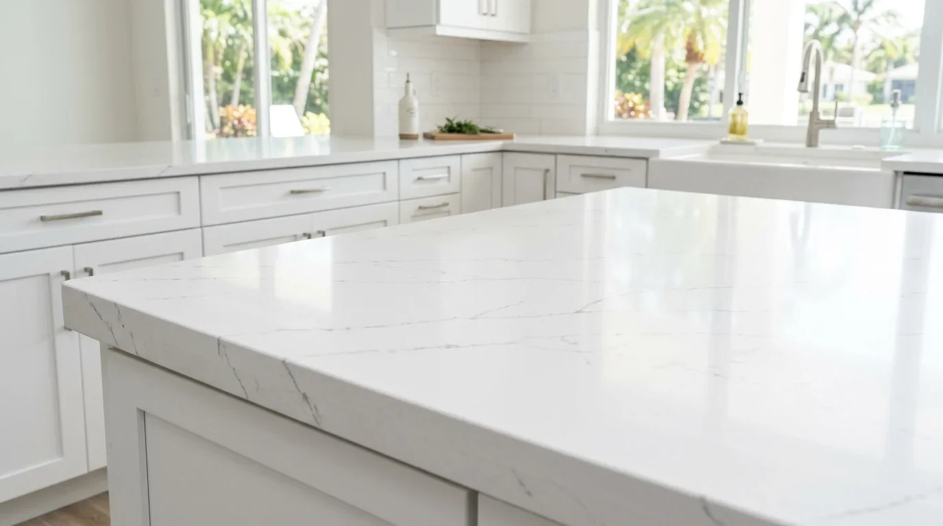 Engineered white quartz countertop slab with subtle uniform gray veining, showing the consistent manufactured pattern that runs through the material, installed on white shaker cabinetry