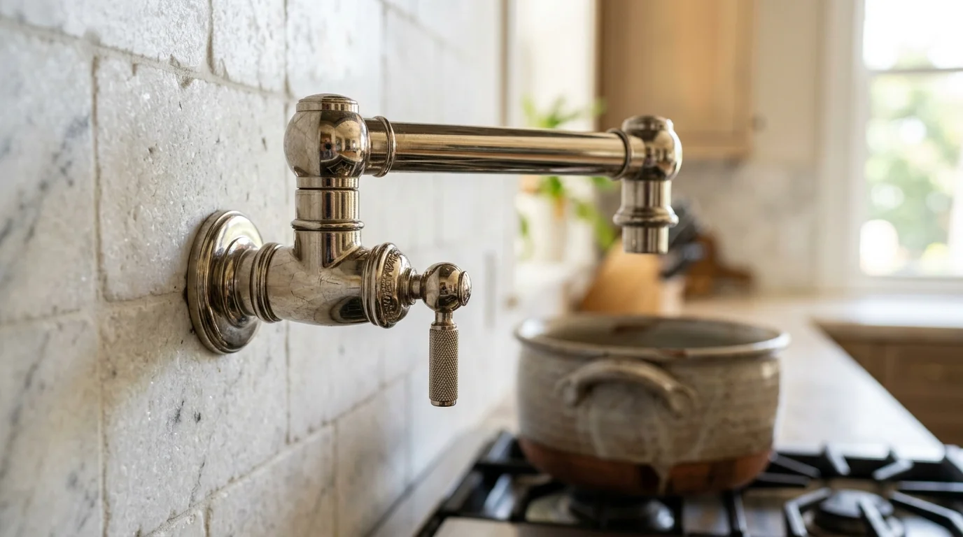 Close-up of a brushed brass pot filler faucet extended over a cooktop in a Palm Beach County kitchen