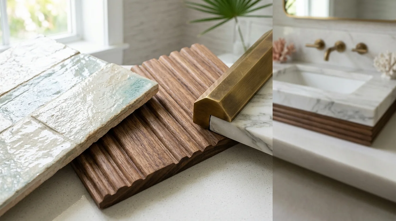 Close-up of powder room vanity with vessel sink, brass fixtures, and decorative mirror in elegant Palm Beach County home