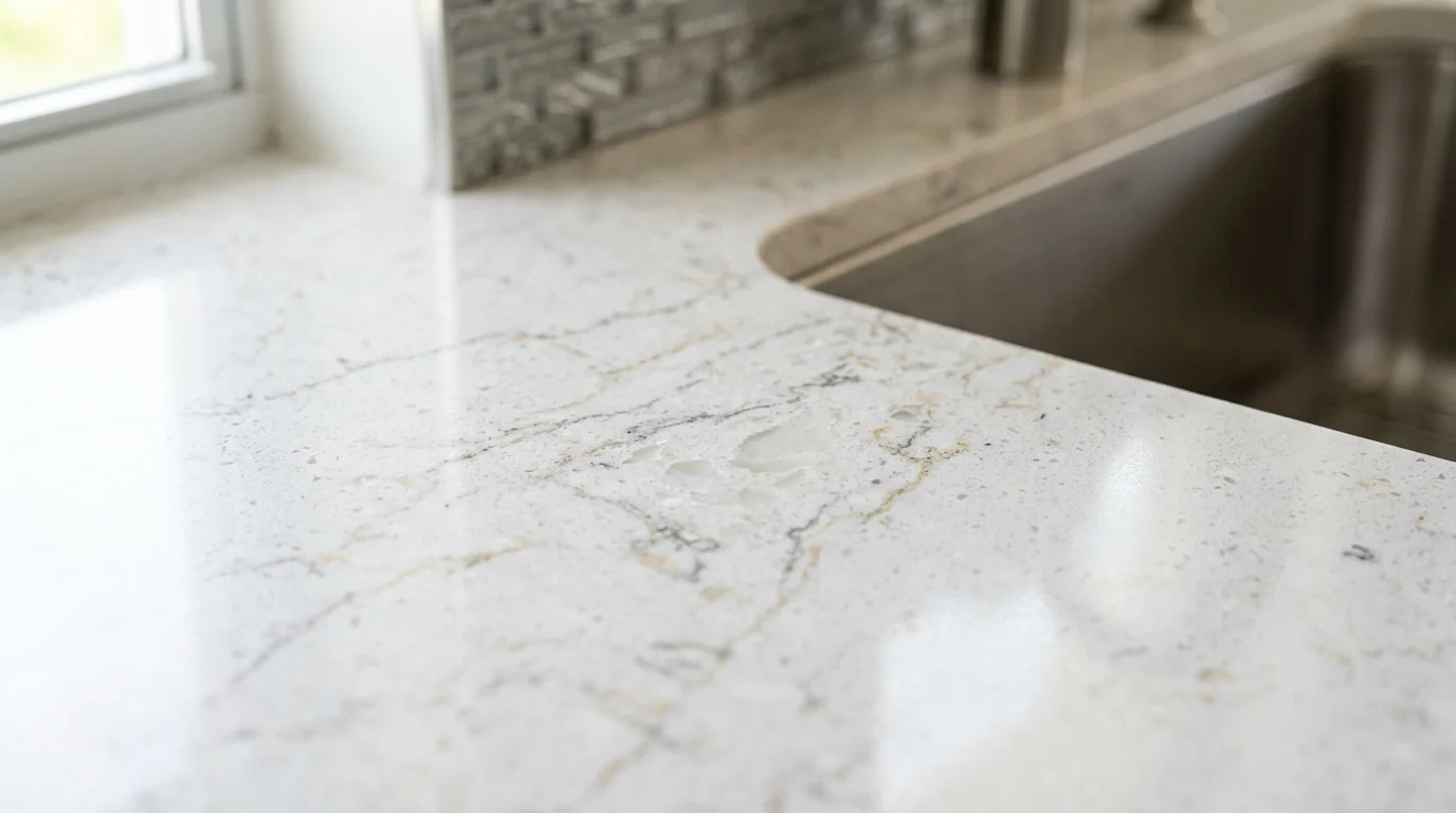 Close-up of quartz countertop edge profile detail in a South Florida kitchen remodel showing waterfall edge and veining