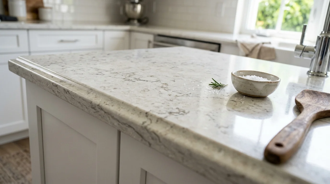 Close-up of quartz countertop edge profile showing tight seam and polished finish in a Palm Beach County kitchen remodel