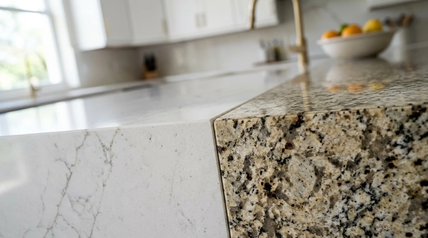Close-up of granite countertop slab with natural veining next to engineered quartz surface in a Palm Beach County kitchen