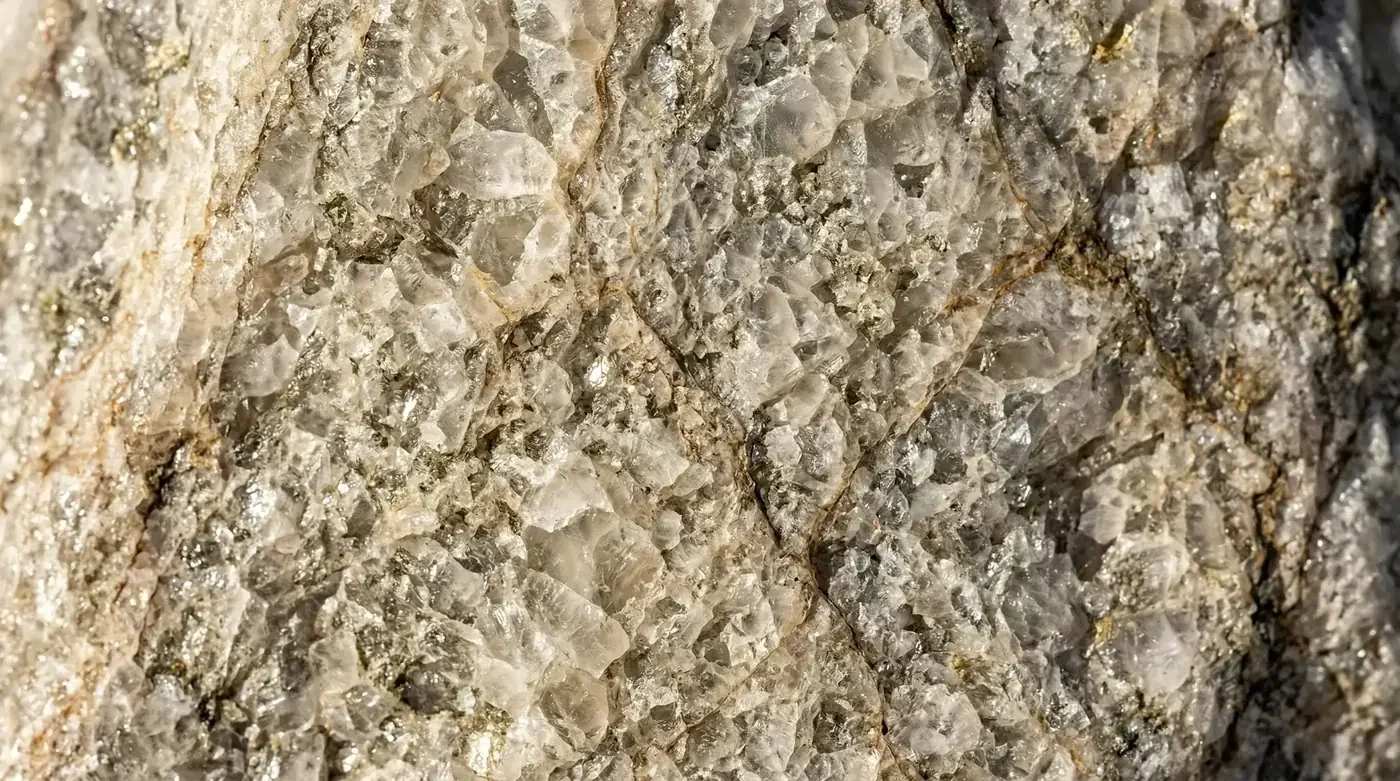 Close-up of a natural quartzite slab showing its crystalline veining and texture