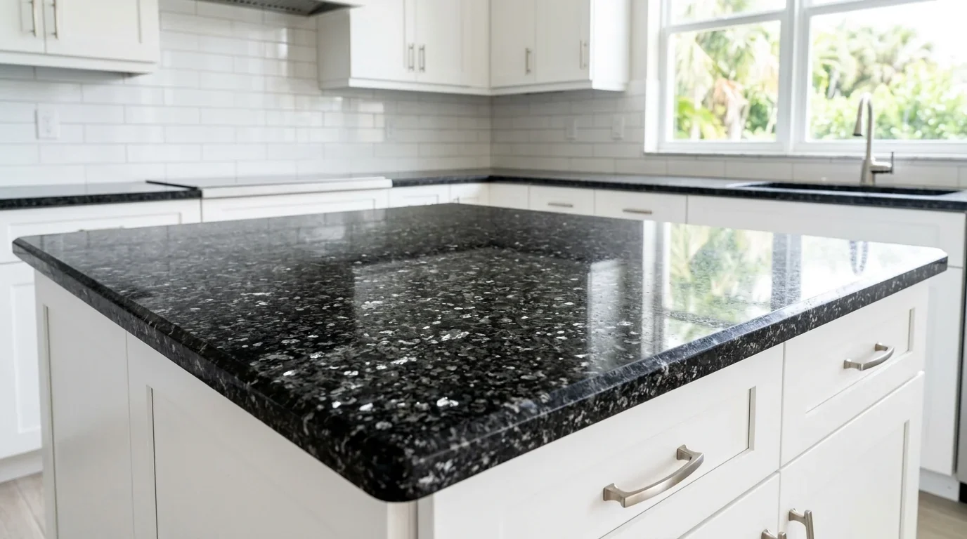 Black pearl granite countertop slab with speckled flecks of gray white and silver crystal patterns installed on white shaker cabinetry