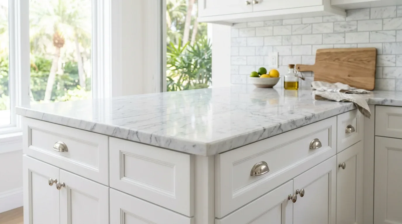 Carrara marble countertop slab with soft gray veining flowing across the polished white surface installed on white shaker cabinetry