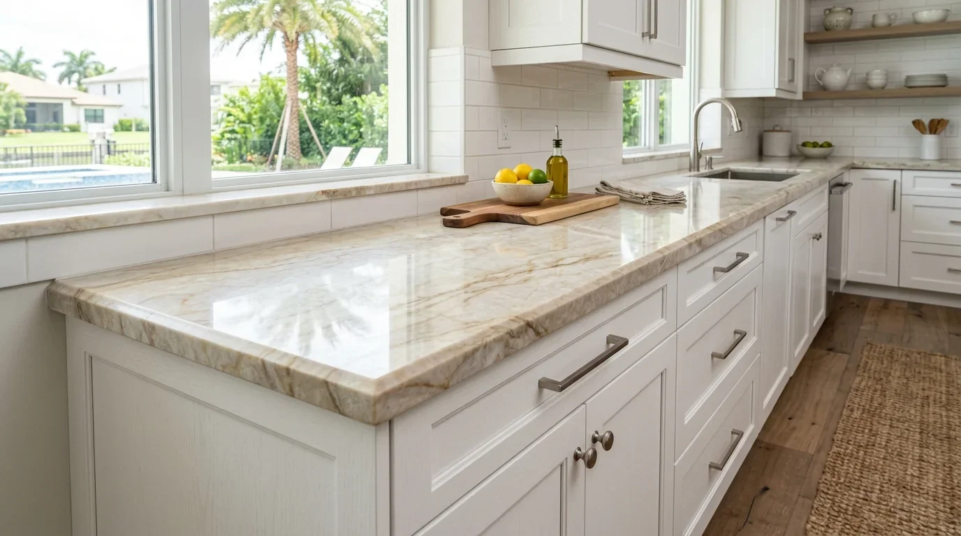 Taj Mahal quartzite countertop slab with warm beige and cream natural veining installed on white shaker cabinetry
