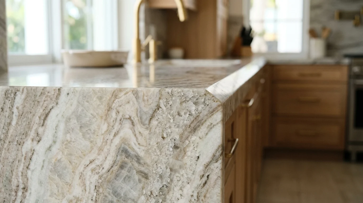 Close-up of quartzite countertop slab showing natural veining and surface texture in a Palm Beach County kitchen