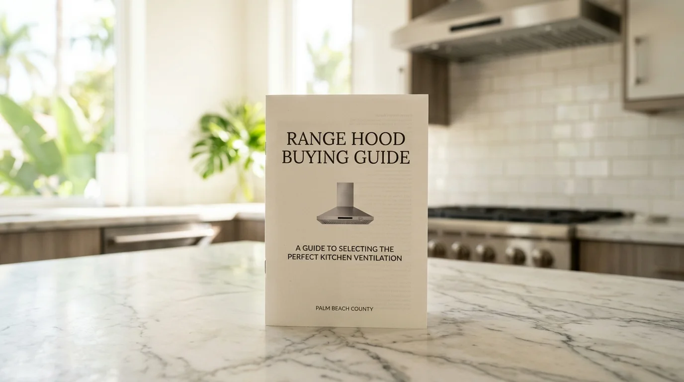 Close-up of a wall-mounted chimney range hood over an induction cooktop in a Boca Raton kitchen with quartz countertops