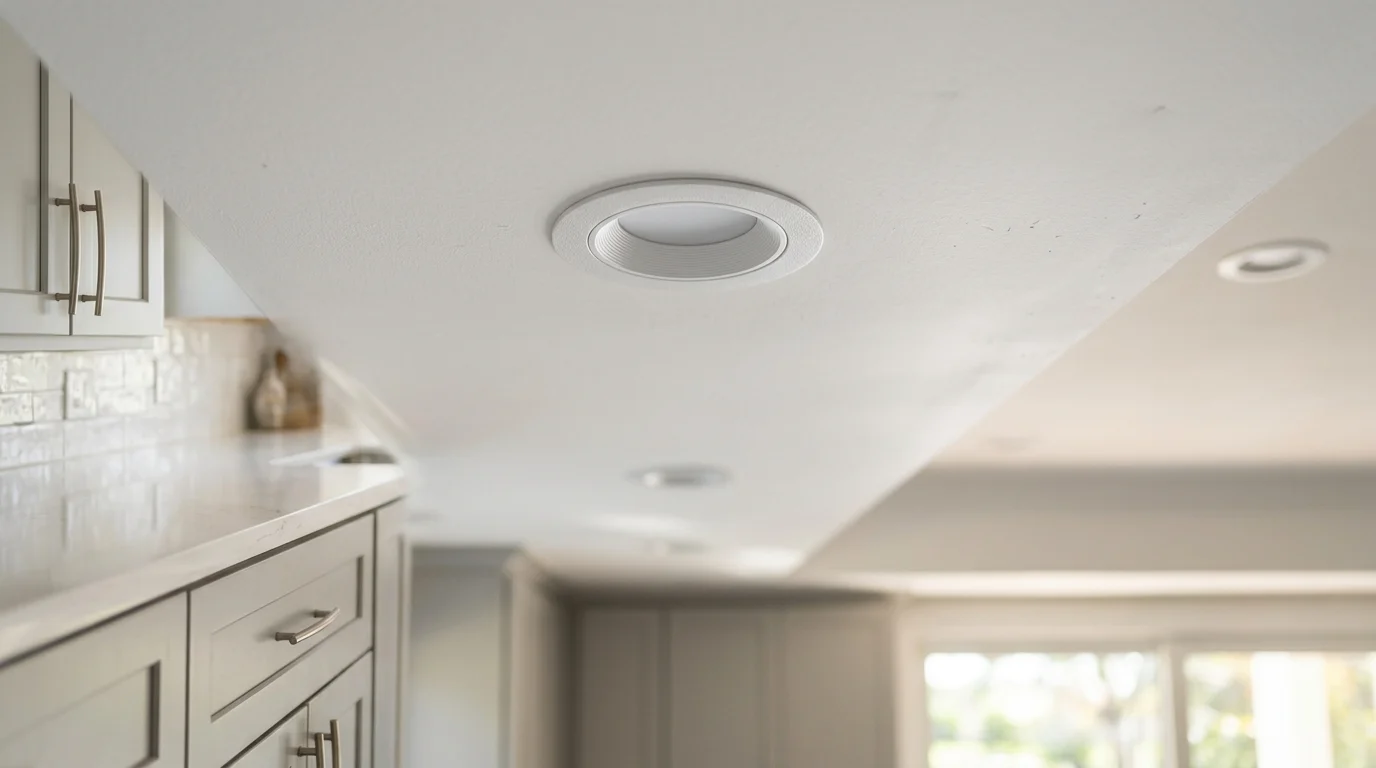 Close-up of recessed LED lights in kitchen ceiling showing proper 4-foot spacing over kitchen island