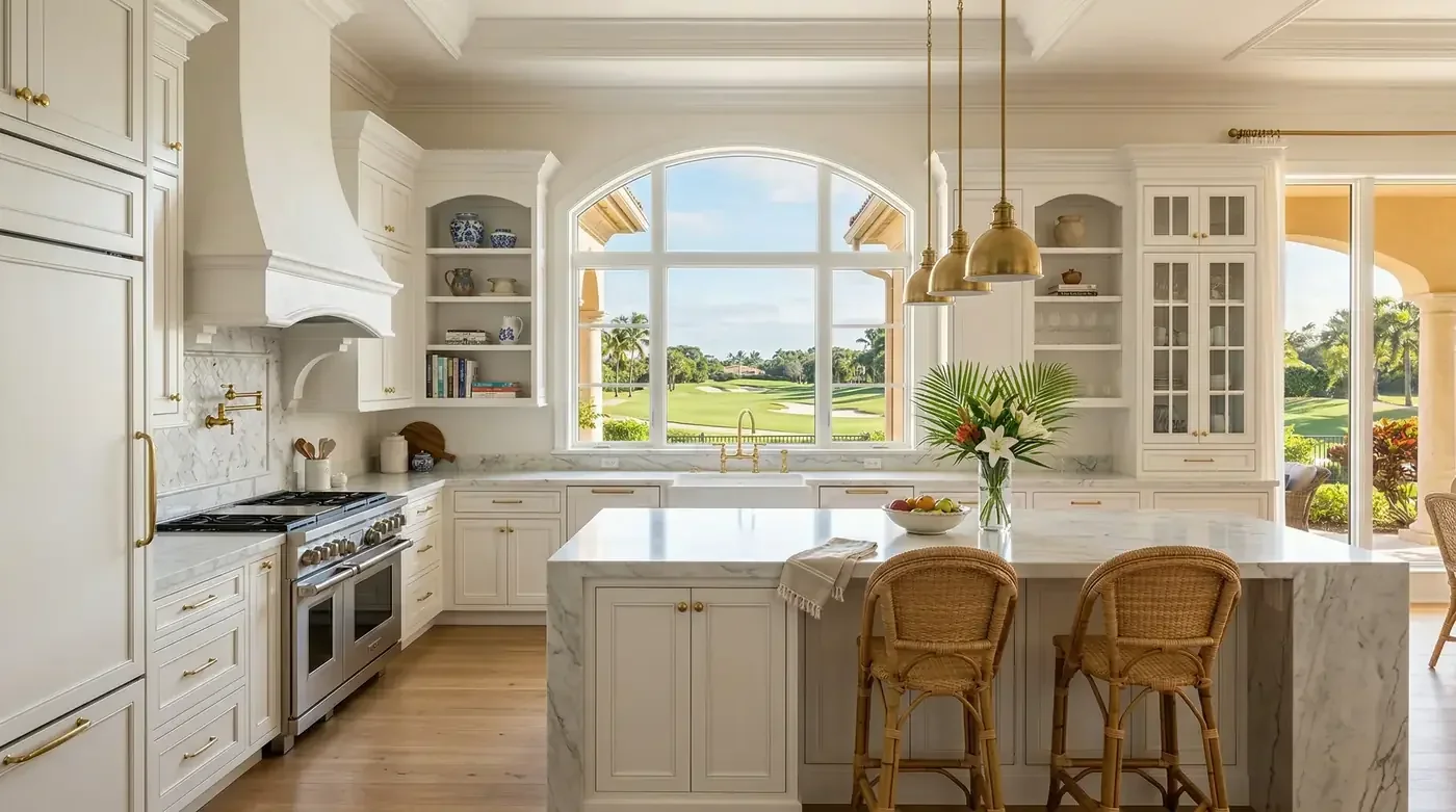 White kitchen with an arched window, marble island and gold pendant lights overlooking a golf course