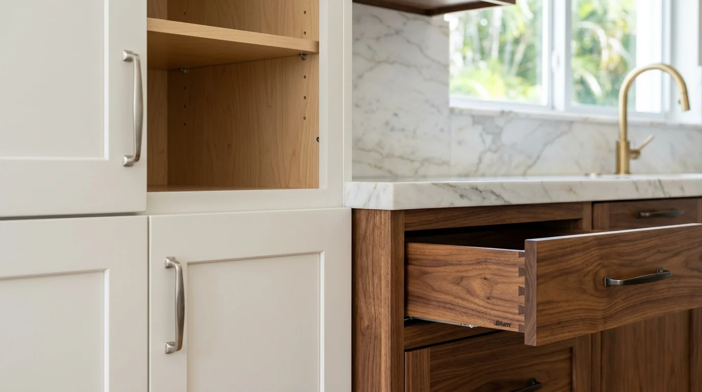 Close-up detail of custom cabinet construction showing dovetail joints and soft-close hinges in Palm Beach County home