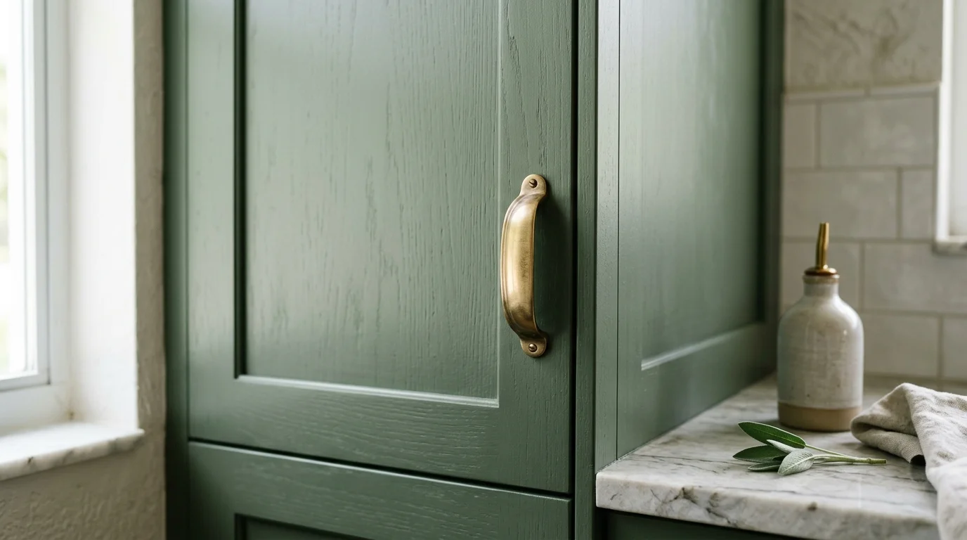 Close-up of sage green shaker cabinet doors with brushed brass pulls and natural wood shelving accents