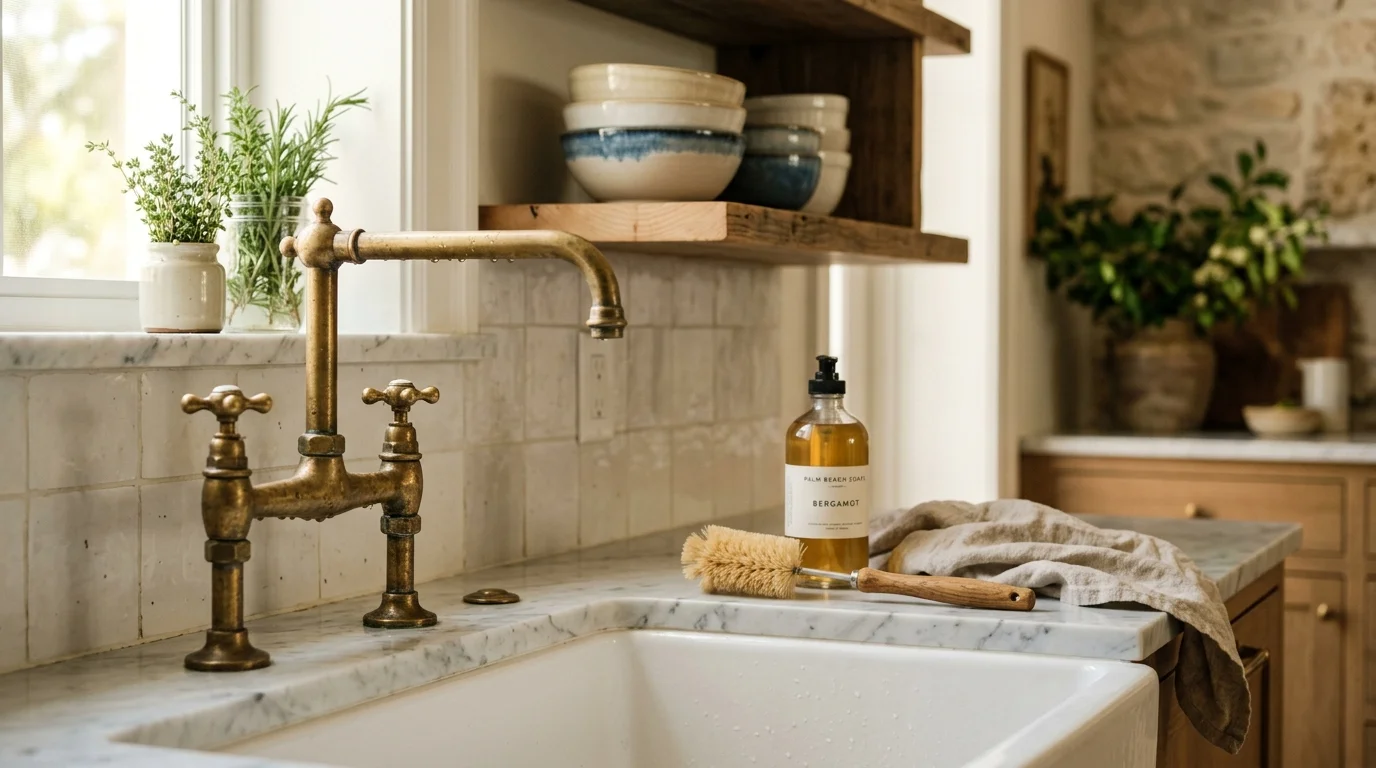Close-up of scullery kitchen cabinetry with deep prep sink, open shelves, and marble countertop in a Palm Beach County home