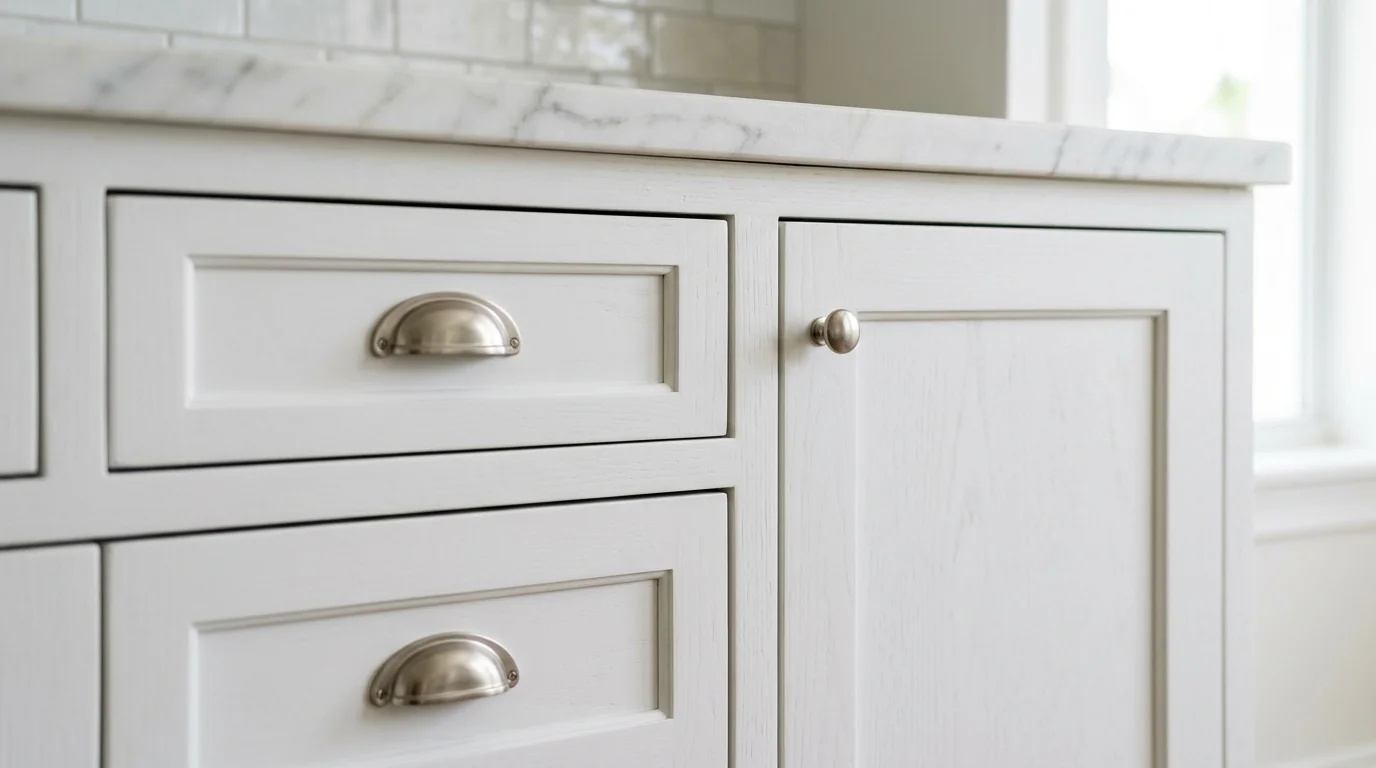 Close-up of shaker cabinet door rail and stile joinery with brushed brass hardware in a Boca Raton kitchen remodel
