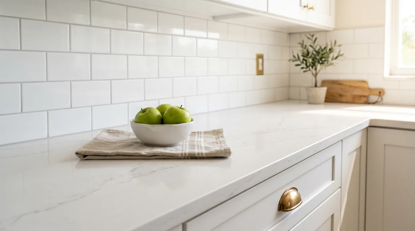 Real-estate staged Palm Beach County kitchen prepared for market — continuous white quartz countertop, classic 3x6 white subway tile backsplash, semi-custom white shaker drawer with brass cup pull, and a tasteful staging vignette of green apples in a white bowl on a folded linen towel