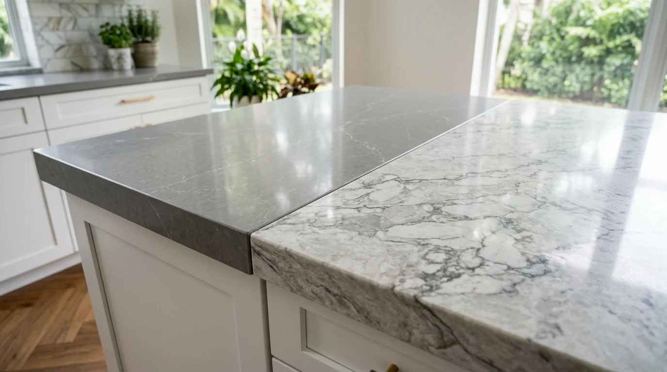 Close-up of Silestone quartz surface texture showing veining detail on a Palm Beach County kitchen island