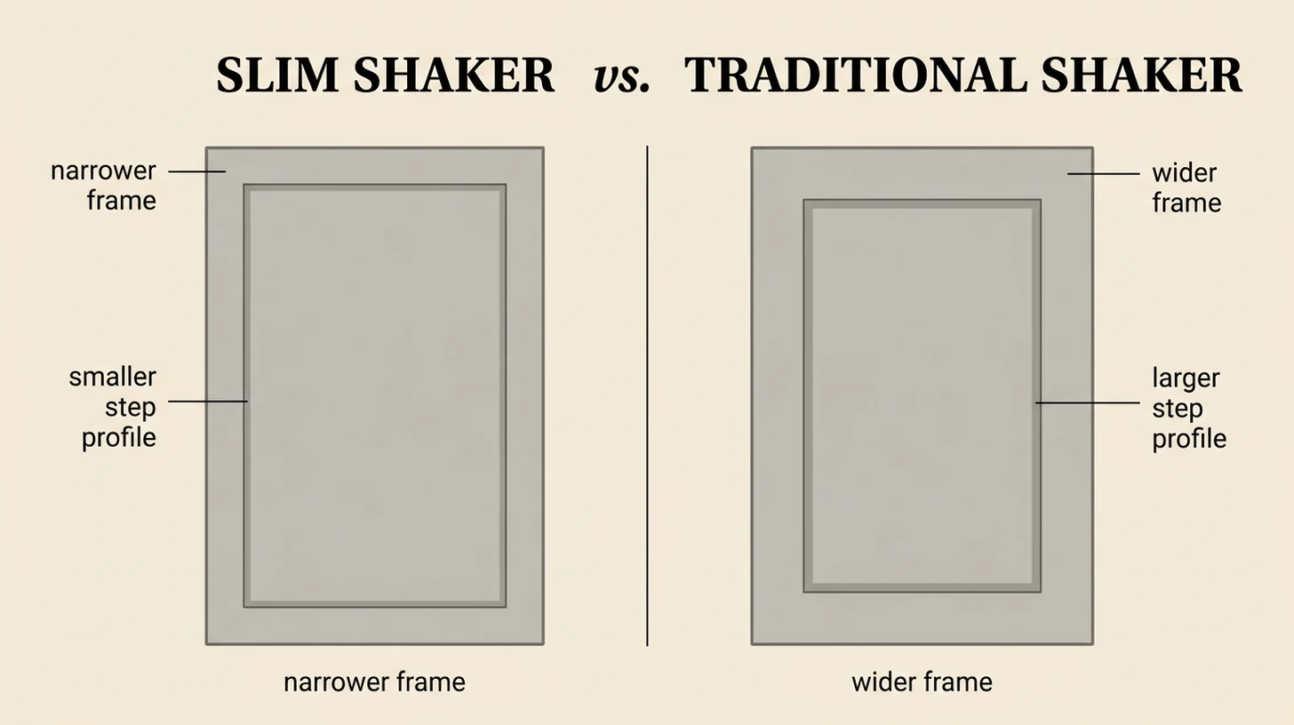 Side-by-side comparison of a slim shaker cabinet door with a narrow 1.5-inch rail versus a traditional shaker door with a wider 2.25-inch rail, both in matching rift-cut white oak under studio lighting