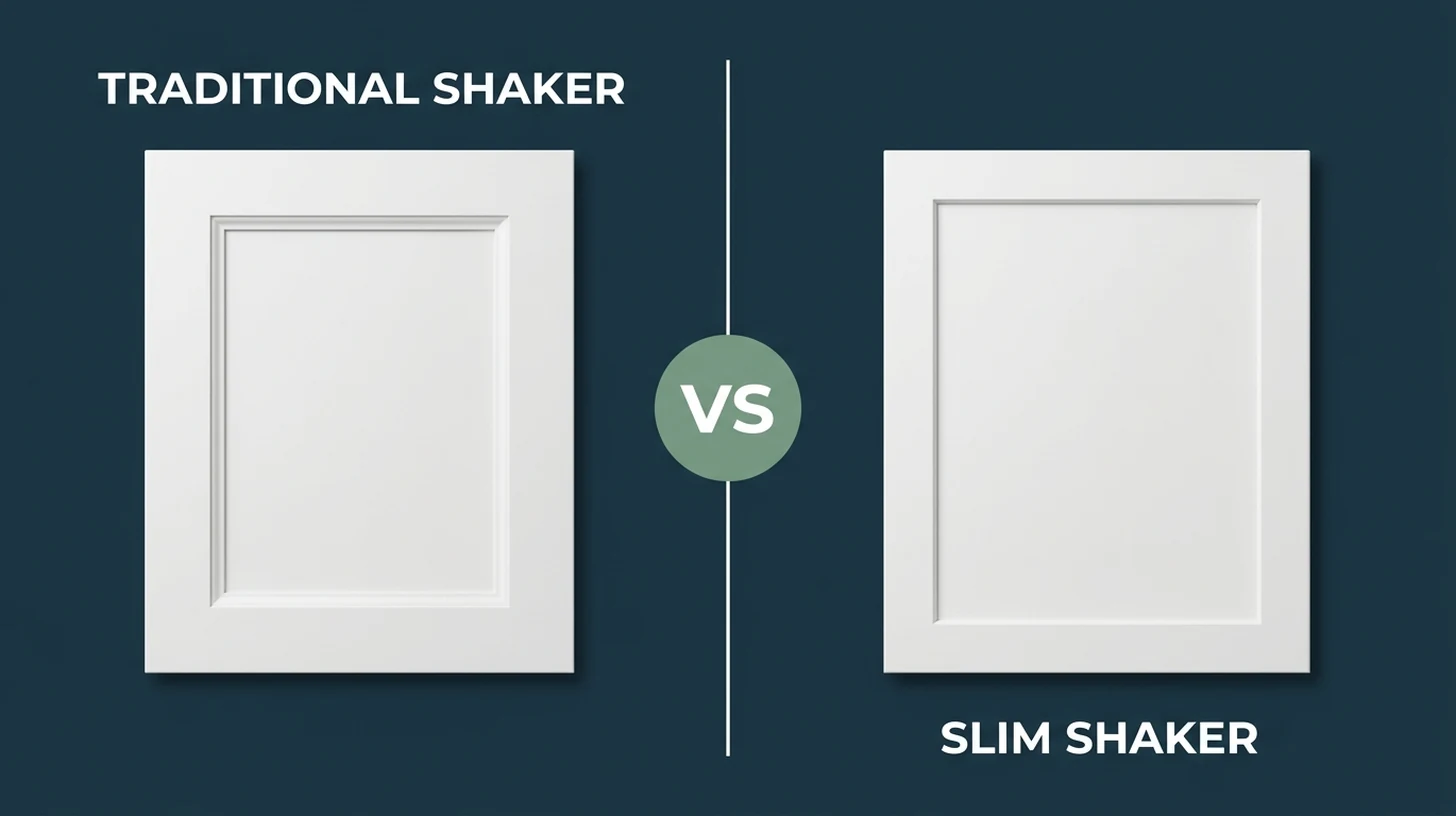 Product-style comparison showing a white traditional shaker cabinet door next to a white slim shaker cabinet door on a dark navy background, with a sage-green VS badge between them — the slim shaker's narrower rail and larger inner panel are visible at a glance