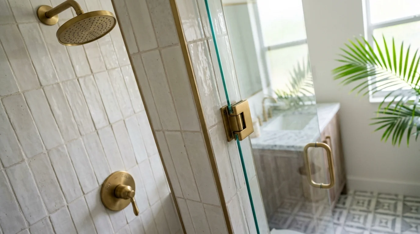 Curbless walk-in shower with vertical subway tile and niche shelf in a compact Palm Beach County bathroom remodel