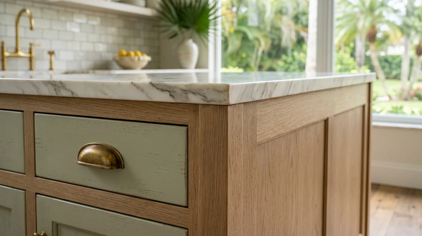 Close-up of portable kitchen island cart with butcher block top and built-in wine storage in South Florida home