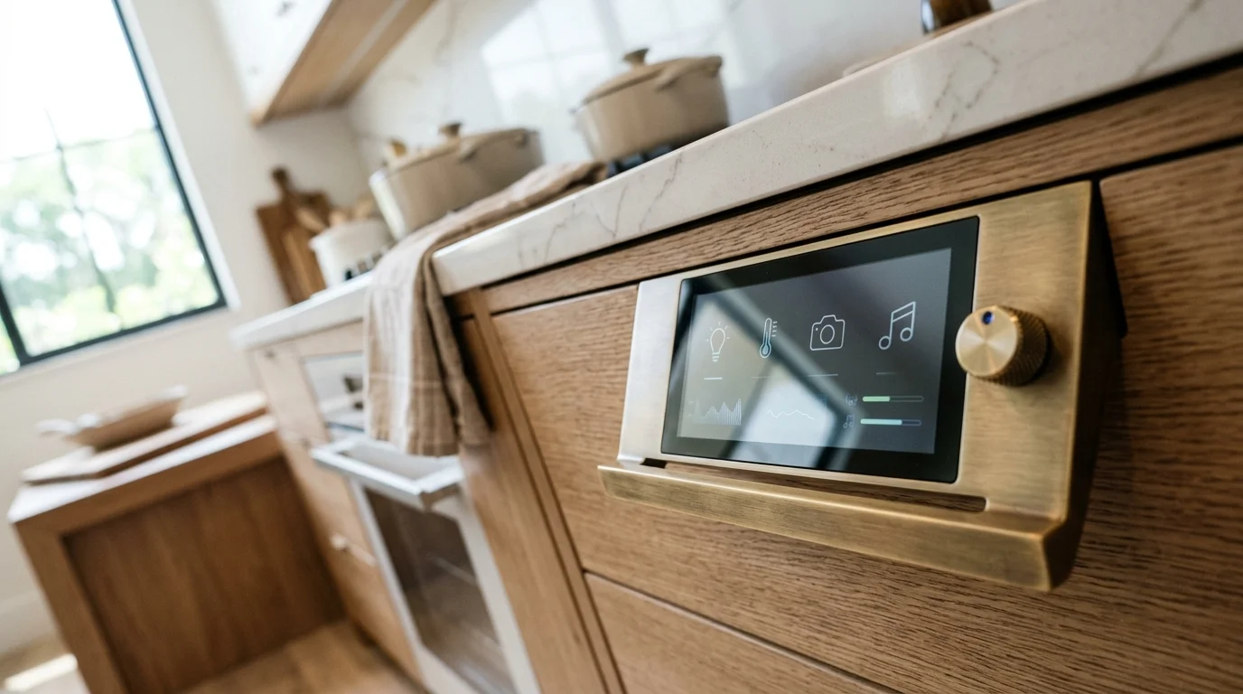 Close-up of smart kitchen faucet with motion sensor and LED temperature display being activated by hand gesture