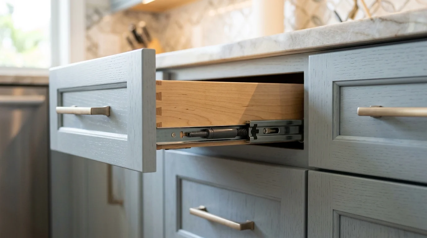 Close-up of a soft-close drawer slide retrofit kit installed inside a white shaker kitchen cabinet