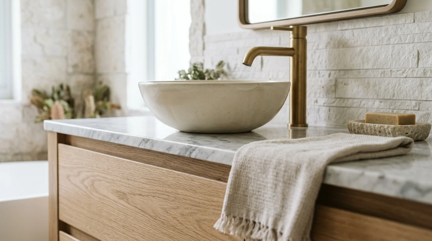 Close-up of natural stone tiles and heated flooring in a spa-inspired bathroom renovation