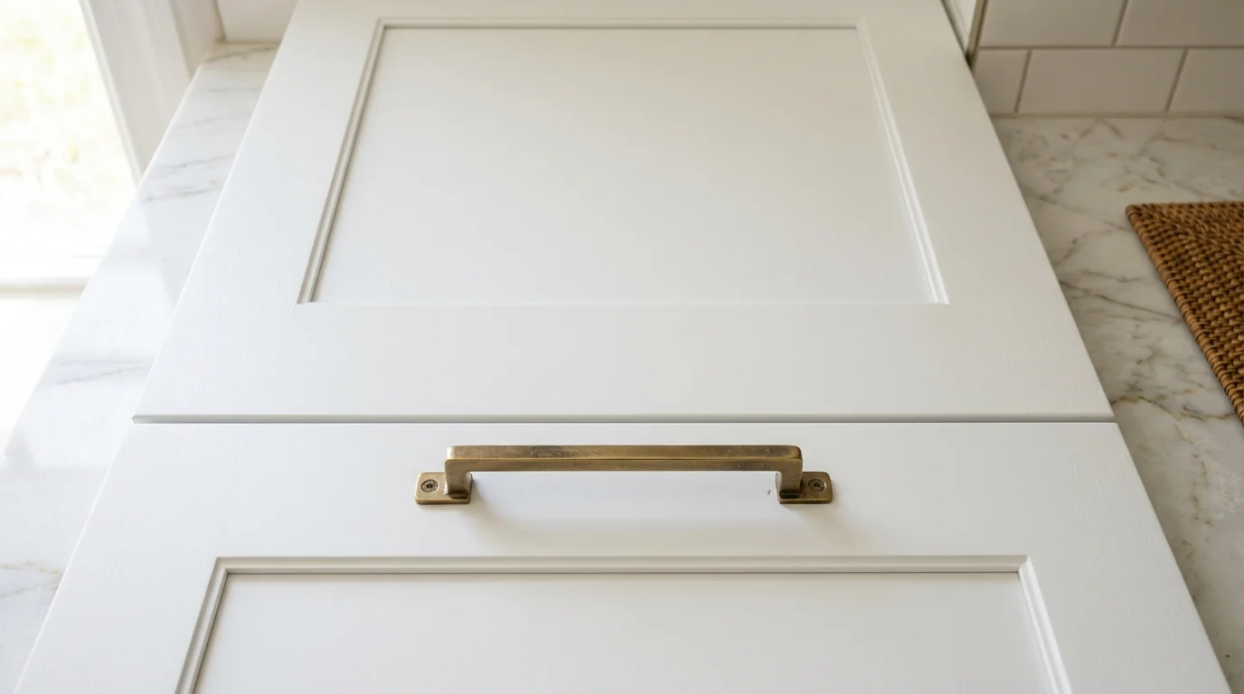 Close-up of thermofoil cabinet door edge showing smooth vinyl wrap finish in a Boca Raton kitchen