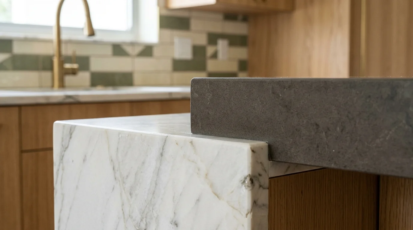 Close-up of two tone countertop detail showing quartzite island surface next to white quartz perimeter in Palm Beach County kitchen
