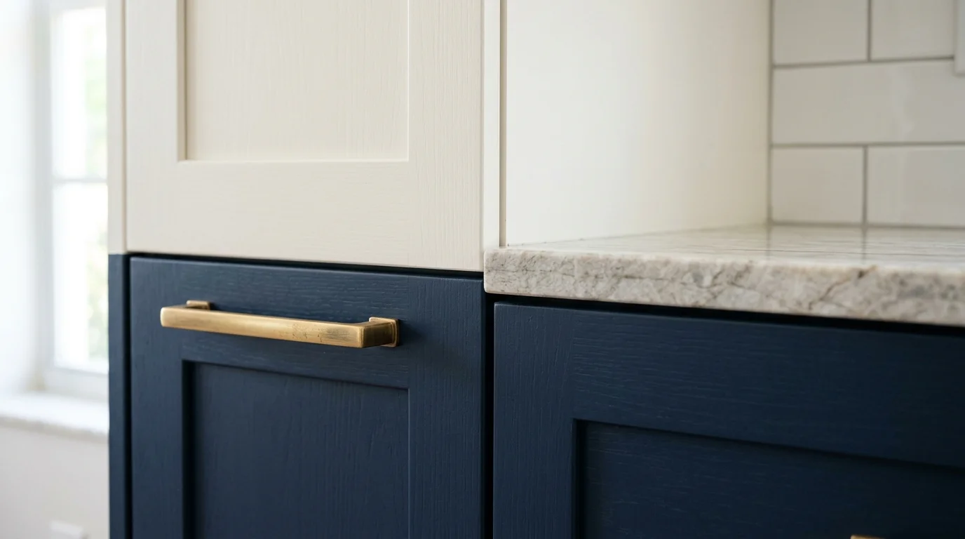 Close-up of two tone kitchen cabinet detail showing sage green lower cabinets and white upper cabinets with brushed gold hardware in a Boca Raton kitchen