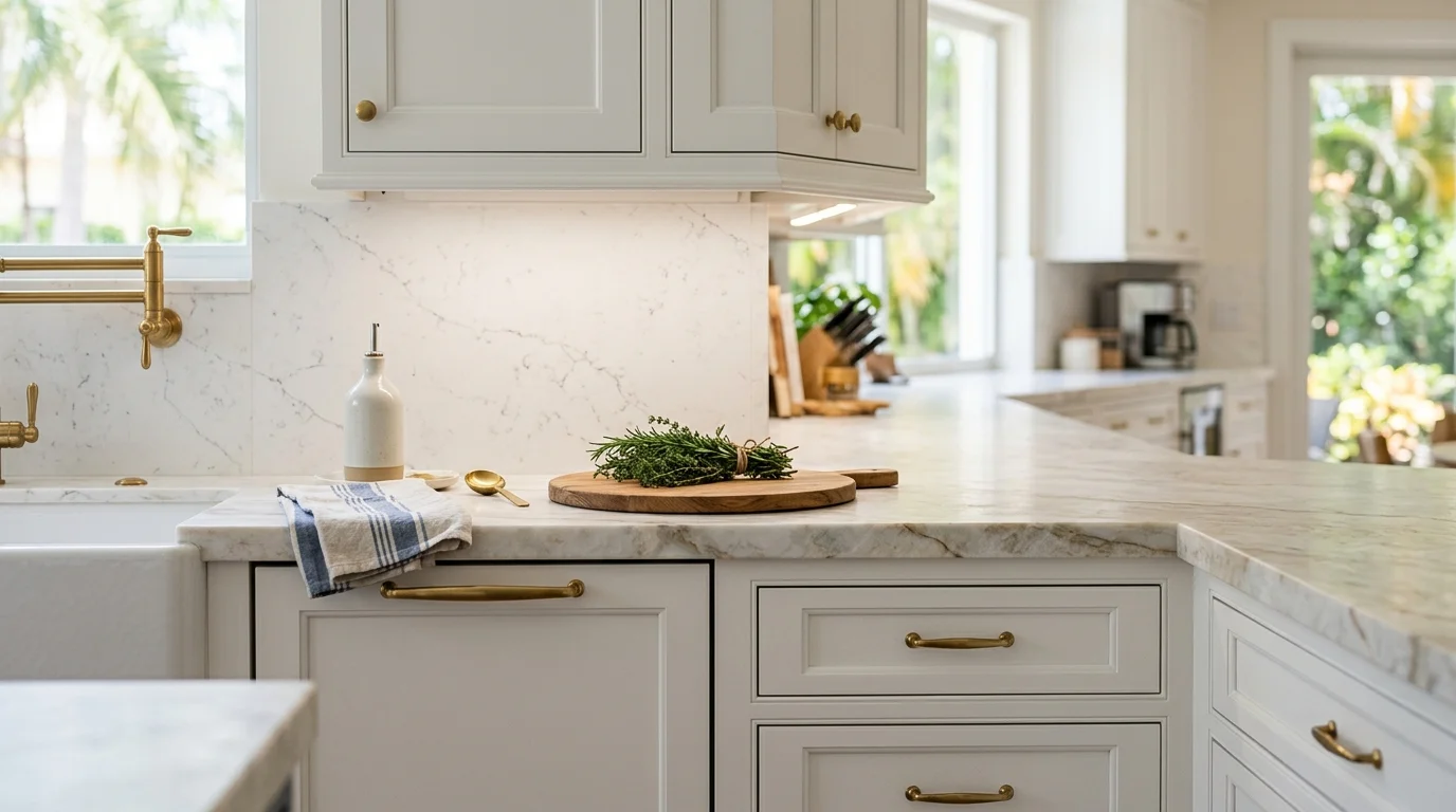 Close-up view of U-shaped kitchen peninsula with bar seating and pendant lighting over breakfast area