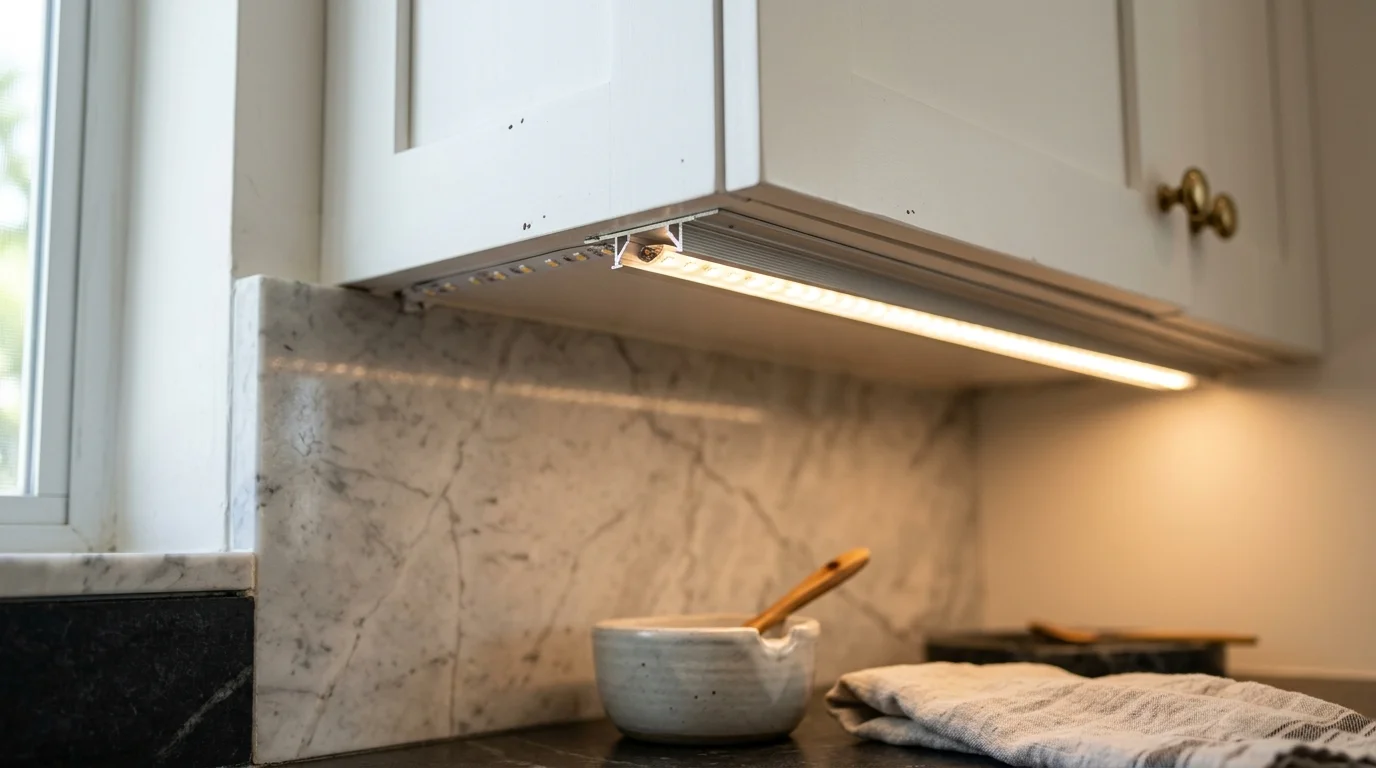 Close-up of LED strip lights mounted under white shaker cabinets in a Boca Raton kitchen remodel