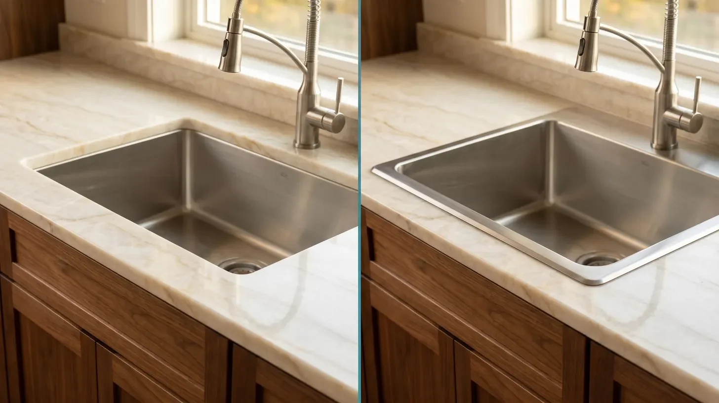 Close-up of undermount sink edge detail showing seamless integration with granite countertop