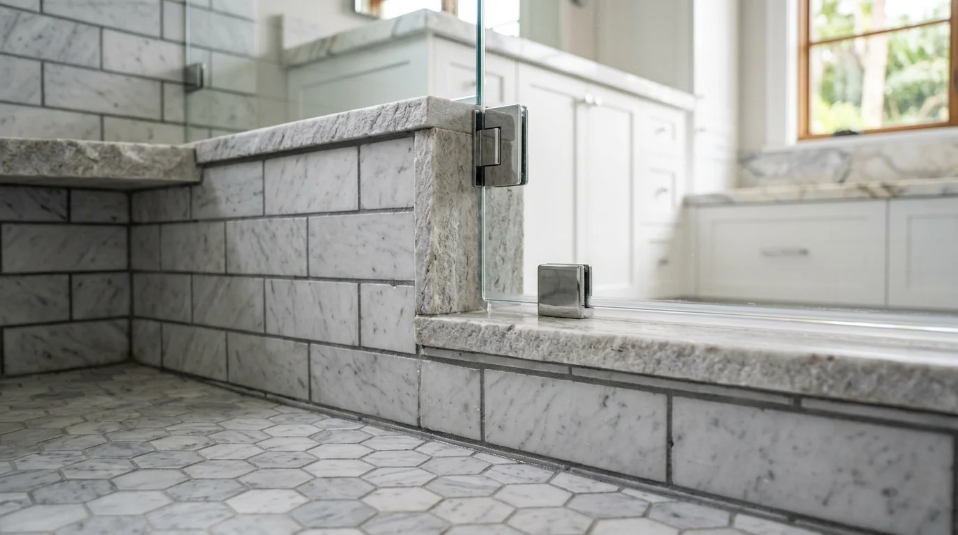 Close-up of large-format tile and linear drain in a curbless walk-in shower in a South Florida home