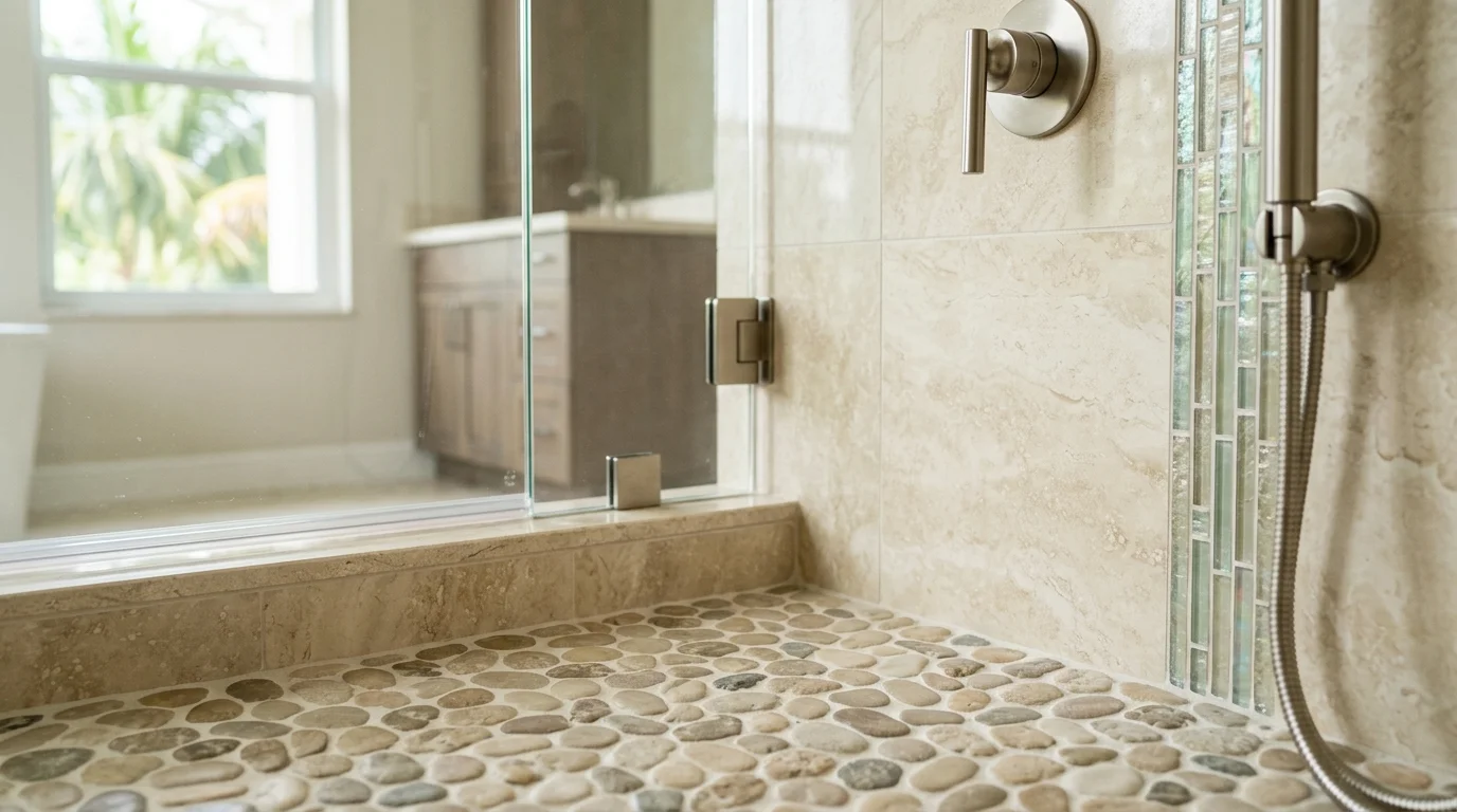 Close-up of walk-in shower niche with built-in shelving and high-end tile work in South Florida bathroom