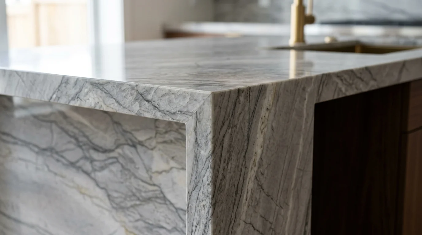 Close-up of a mitered vein-matched quartzite waterfall corner where the gray veining flows continuously from the countertop down the vertical panel