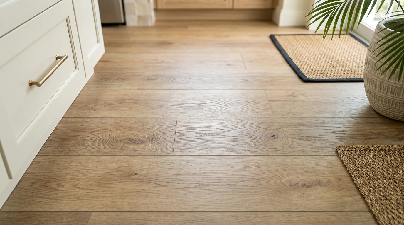 Close-up of luxury vinyl plank waterproof flooring installed in a Palm Beach County kitchen