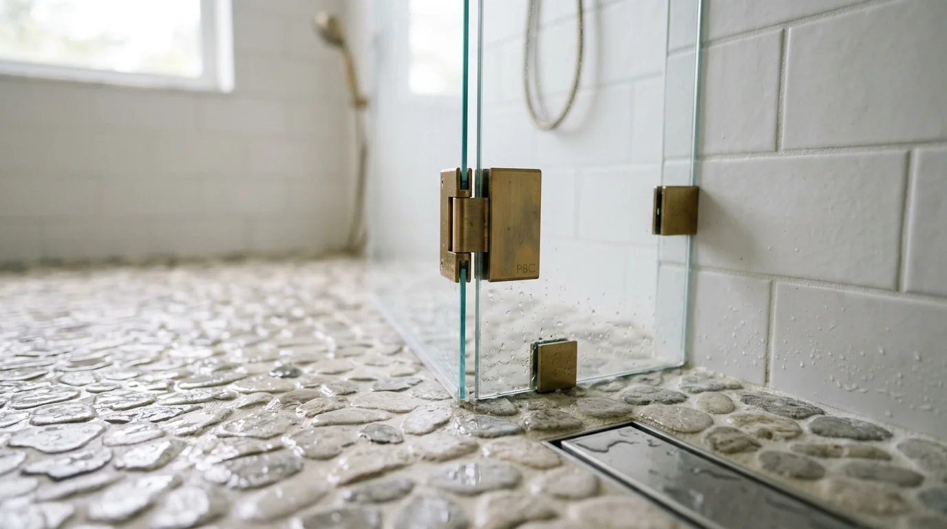 Close-up of linear drain and large format porcelain tile in a wet room shower floor in a Boca Raton bathroom remodel