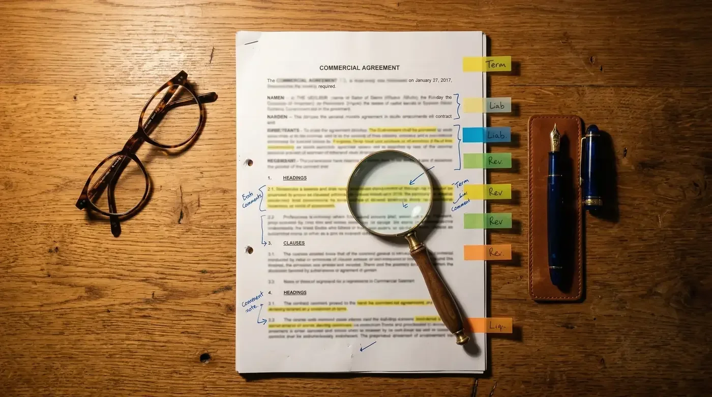 Remodeling contract marked with tabs and a magnifying glass resting on the page