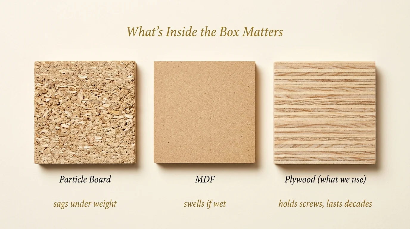 Side-by-side comparison of three cabinet box construction samples: particle board, MDF, and plywood, with handwritten labels noting particle board sags, MDF swells when wet, and plywood holds screws