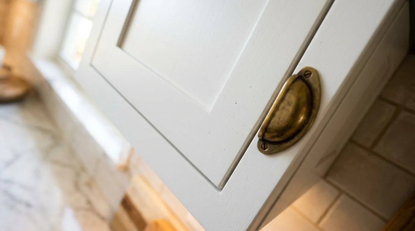 Close-up of warm white kitchen cabinet doors with brushed brass pulls and a zellige tile backsplash in a Palm Beach County kitchen remodel